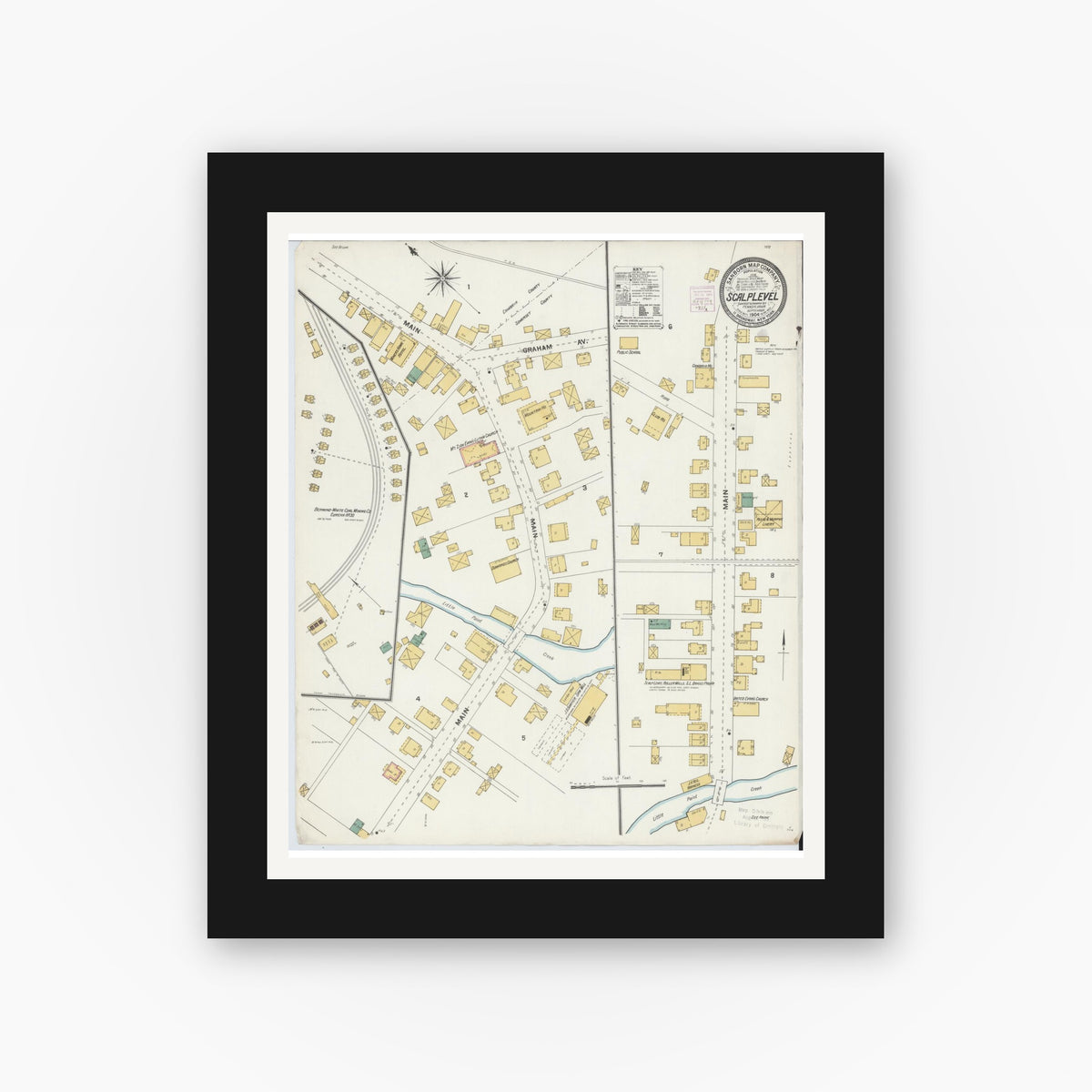 Old map wall art mockup — black gallery frame with white mat — Sanborn Fire Insurance Map from Scalp Level, Somerset And Cambria County, Pennsylvania (1904), Sheet #0001