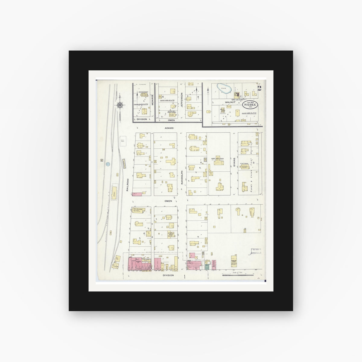 Old map wall art mockup — black gallery frame with white mat — Sanborn Fire Insurance Map from Higbee, Randolph County, Missouri (1910), Sheet #0002