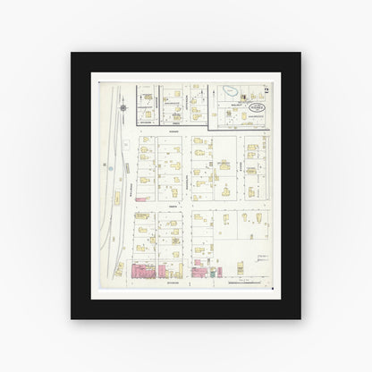 Old map wall art mockup — black gallery frame with white mat — Sanborn Fire Insurance Map from Higbee, Randolph County, Missouri (1910), Sheet #0002