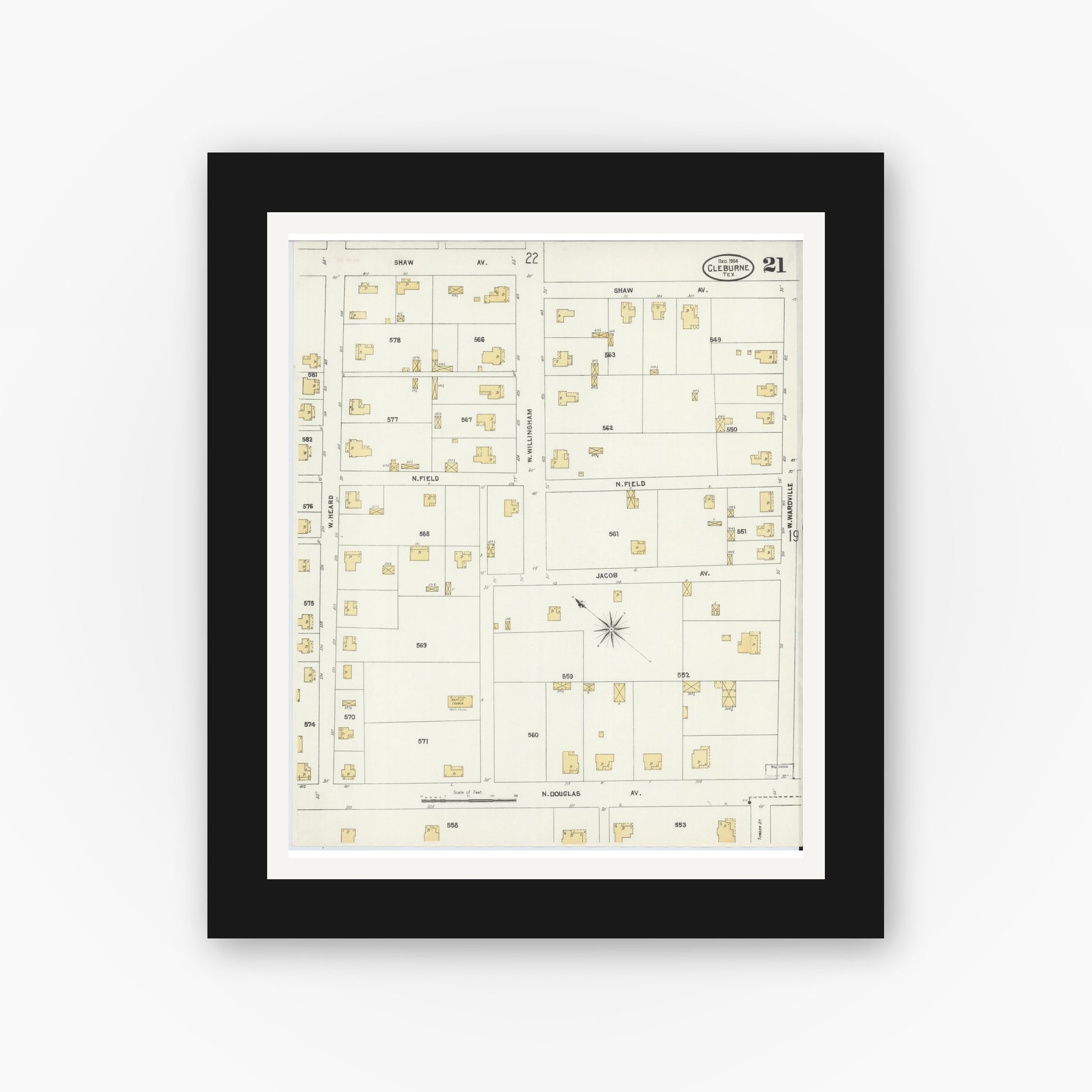 Old map wall art mockup — black gallery frame with white mat — Sanborn Fire Insurance Map from Cleburne, Johnson County, Texas (1904), Sheet #0021