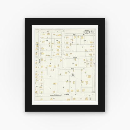 Old map wall art mockup — black gallery frame with white mat — Sanborn Fire Insurance Map from Cleburne, Johnson County, Texas (1904), Sheet #0021