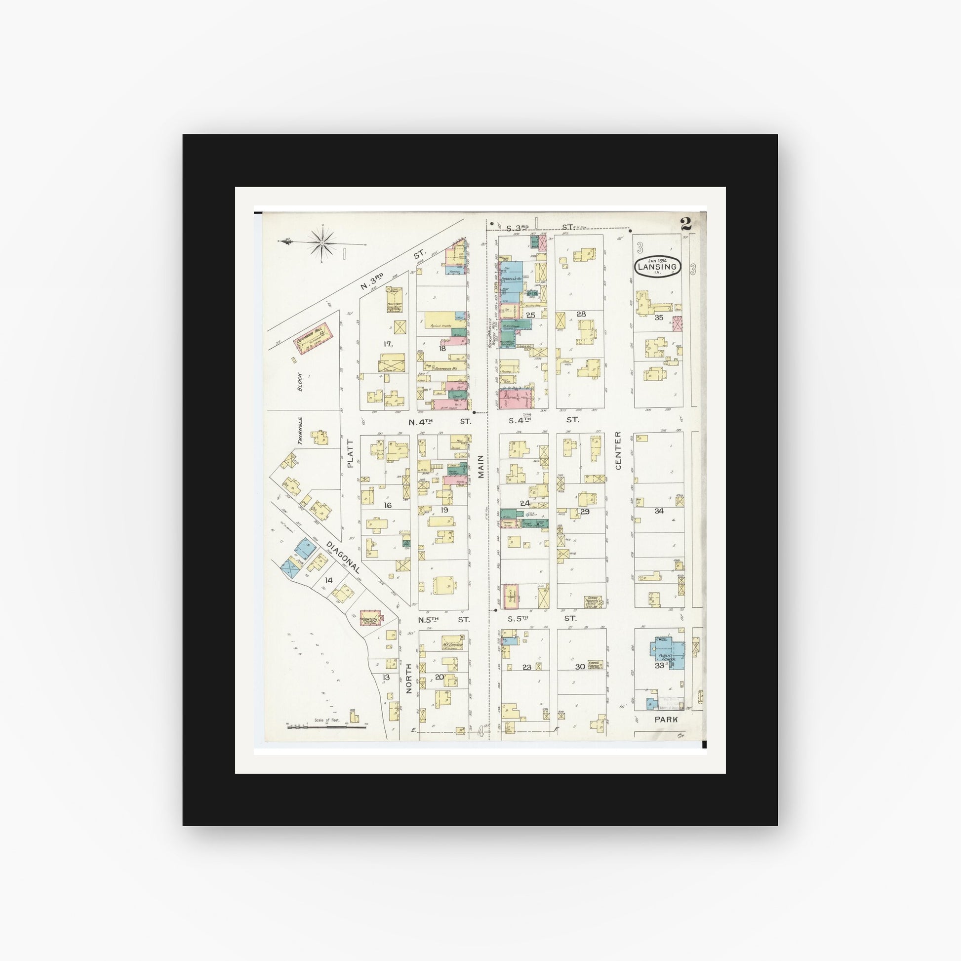 Old map wall art mockup — black gallery frame with white mat — Sanborn Fire Insurance Map from Lansing, Allamakee County, Iowa (1894), Sheet #0002