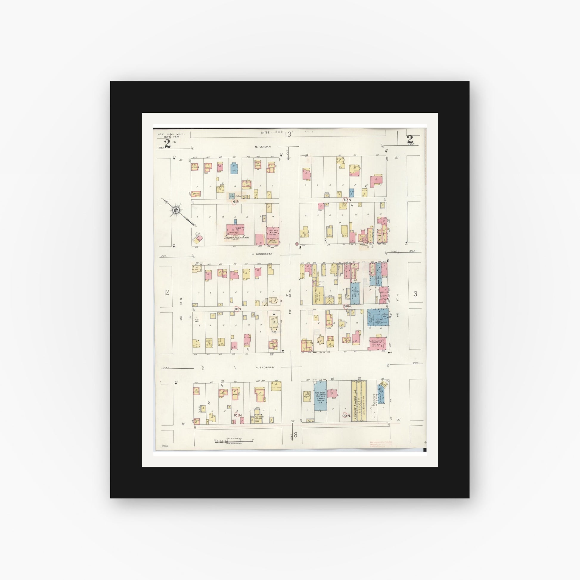 Old map wall art mockup — black gallery frame with white mat — Sanborn Fire Insurance Map from New Ulm, Brown County, Minnesota (1946), Sheet #0002