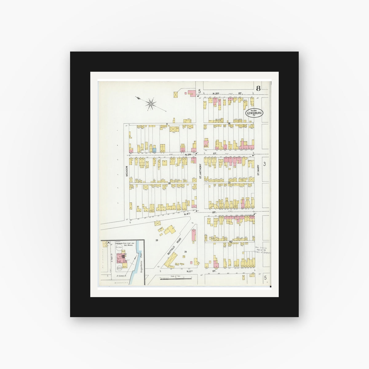 Old map wall art mockup — black gallery frame with white mat — Sanborn Fire Insurance Map from Lewisburg, Union County, Pennsylvania (1901), Sheet #0008