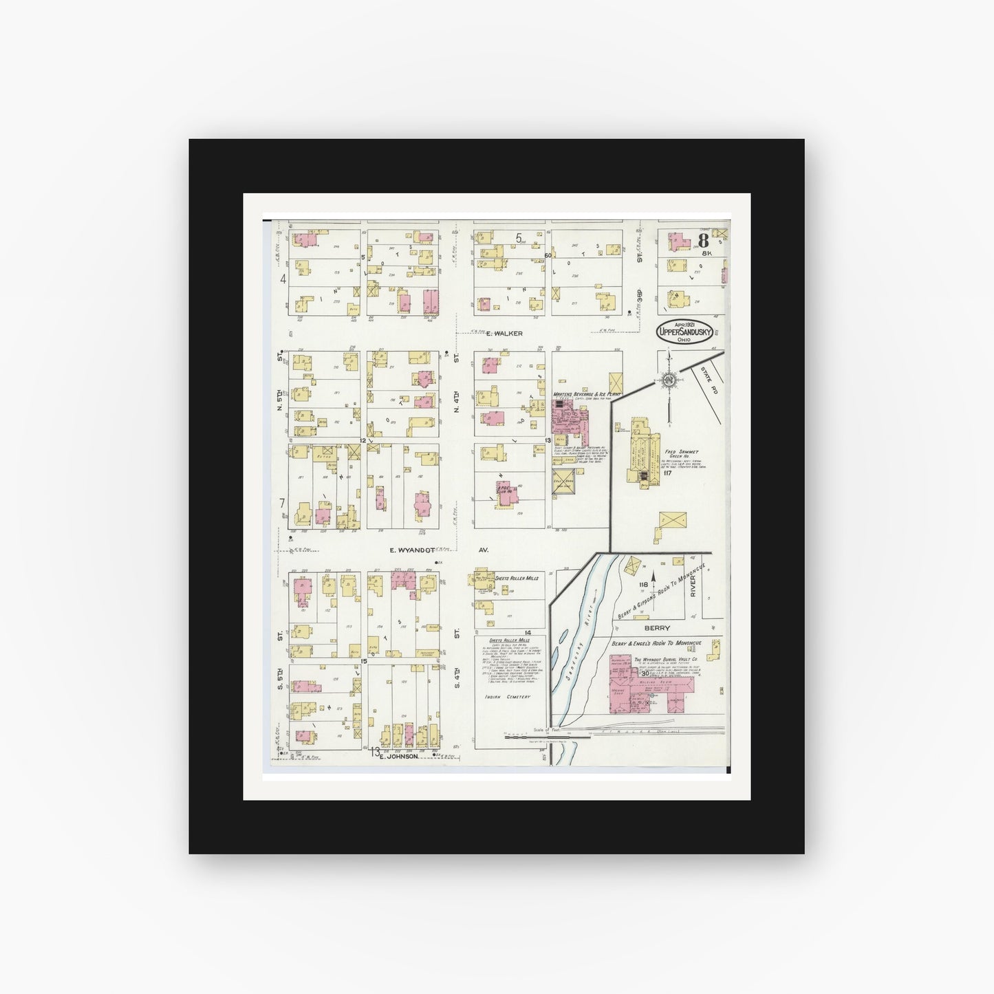 Old map wall art mockup — black gallery frame with white mat — Sanborn Fire Insurance Map from Upper Sandusky, Wyandot County, Ohio (1921), Sheet #0008