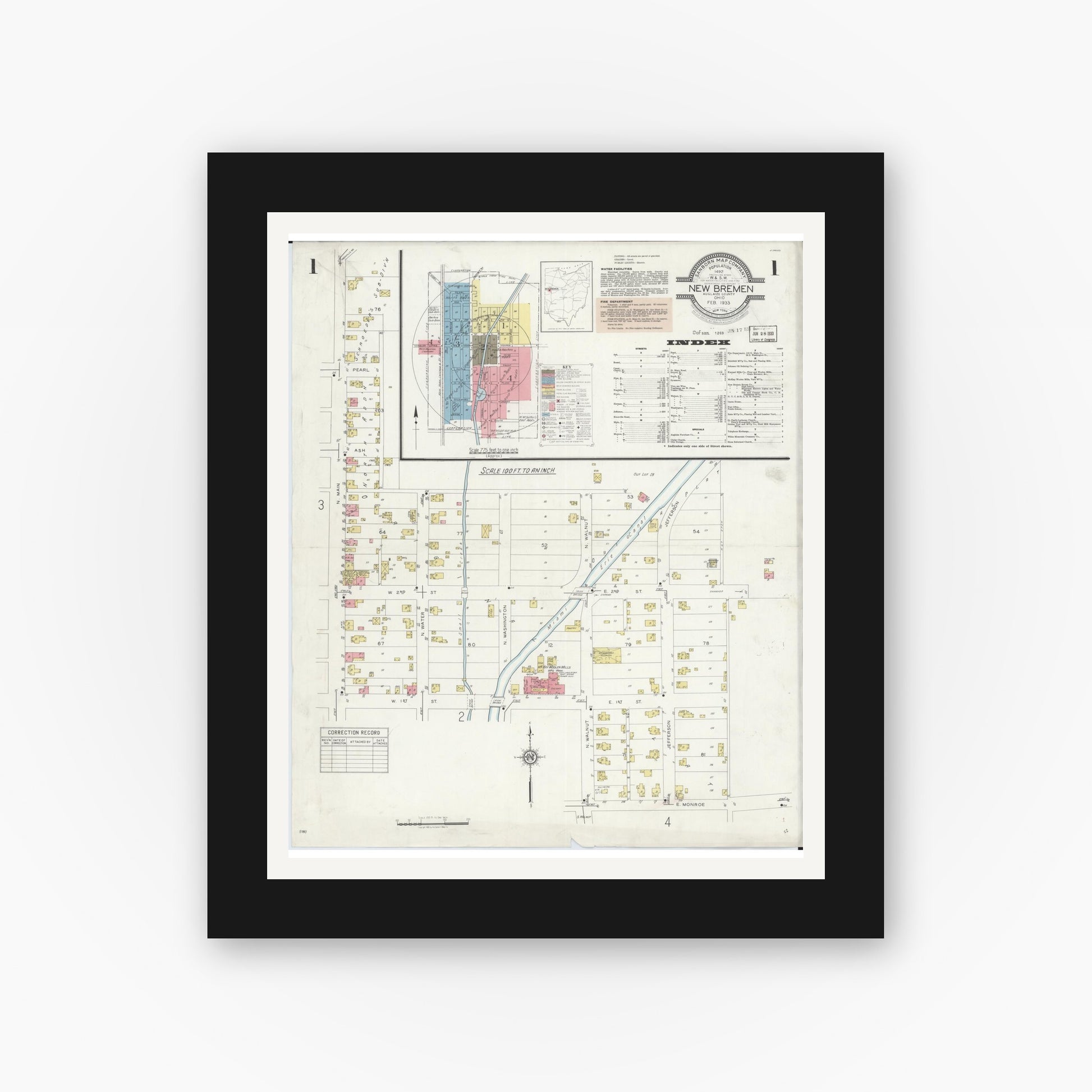 Old map wall art mockup — black gallery frame with white mat — Sanborn Fire Insurance Map from New Bremen, Auglaize County, Ohio (1933), Sheet #0001