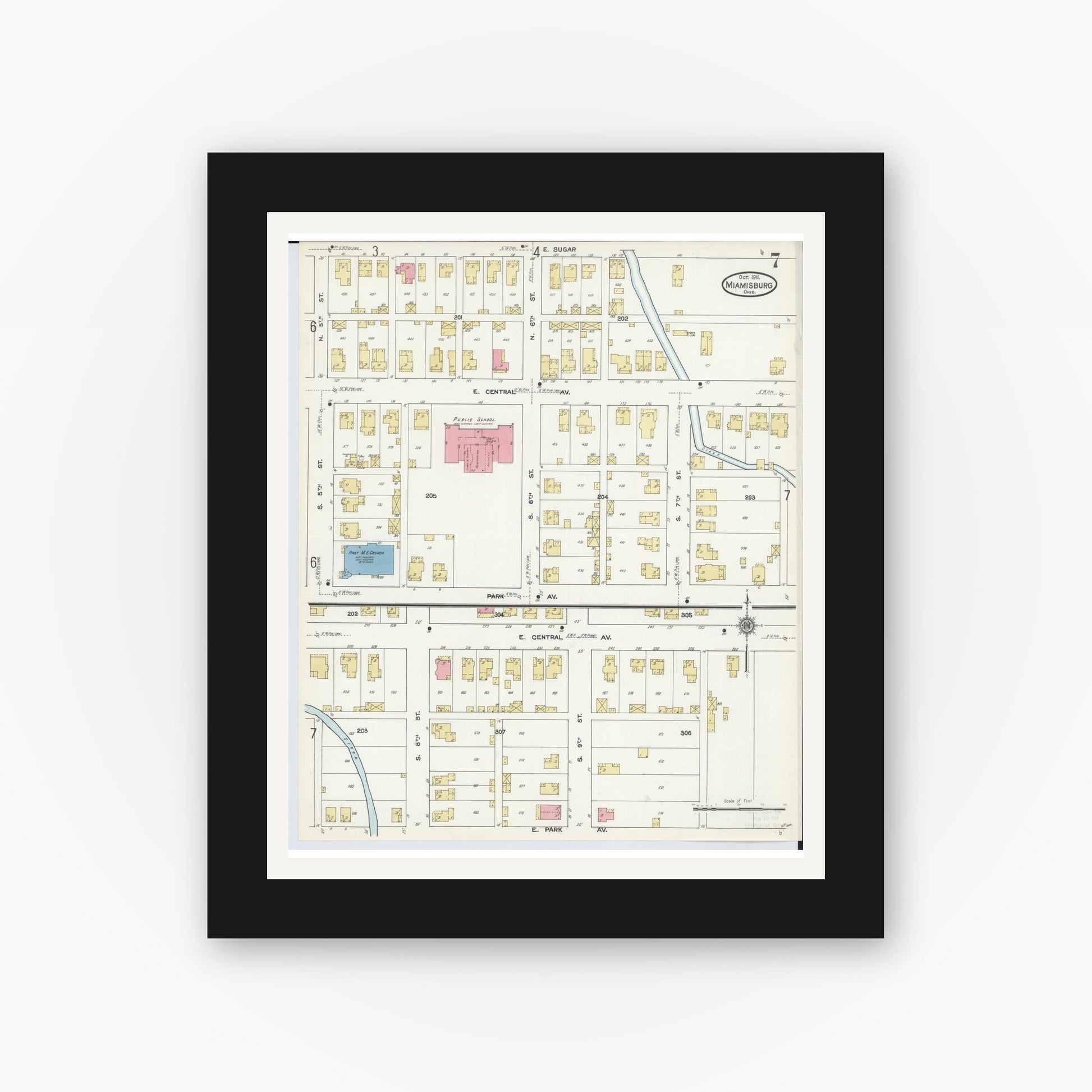 Old map wall art mockup — black gallery frame with white mat — Sanborn Fire Insurance Map from Miamisburg, Montgomery County, Ohio (1911), Sheet #0007