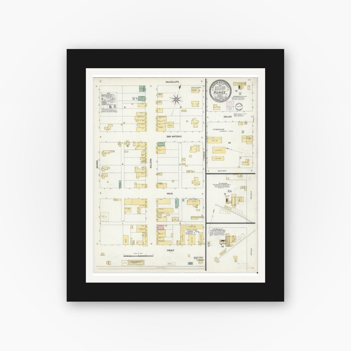 Old map wall art mockup — black gallery frame with white mat — Sanborn Fire Insurance Map from Runge, Karnes County, Texas (1902), Sheet #0001