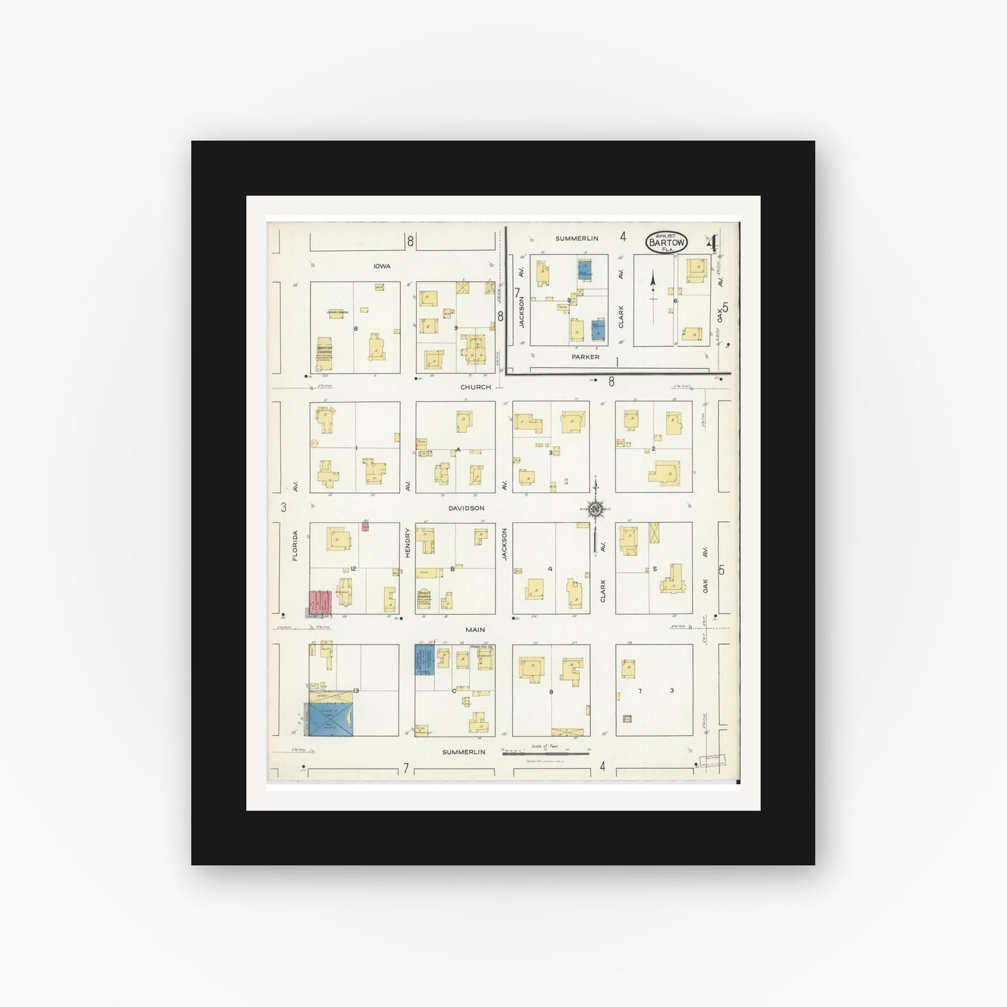 Old map wall art mockup — black gallery frame with white mat — Sanborn Fire Insurance Map from Bartow, Polk County, Florida (1917), Sheet #0004