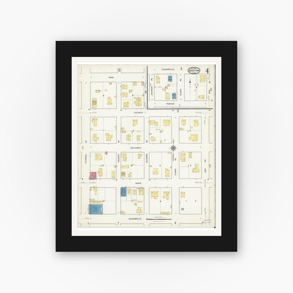 Old map wall art mockup — black gallery frame with white mat — Sanborn Fire Insurance Map from Bartow, Polk County, Florida (1917), Sheet #0004