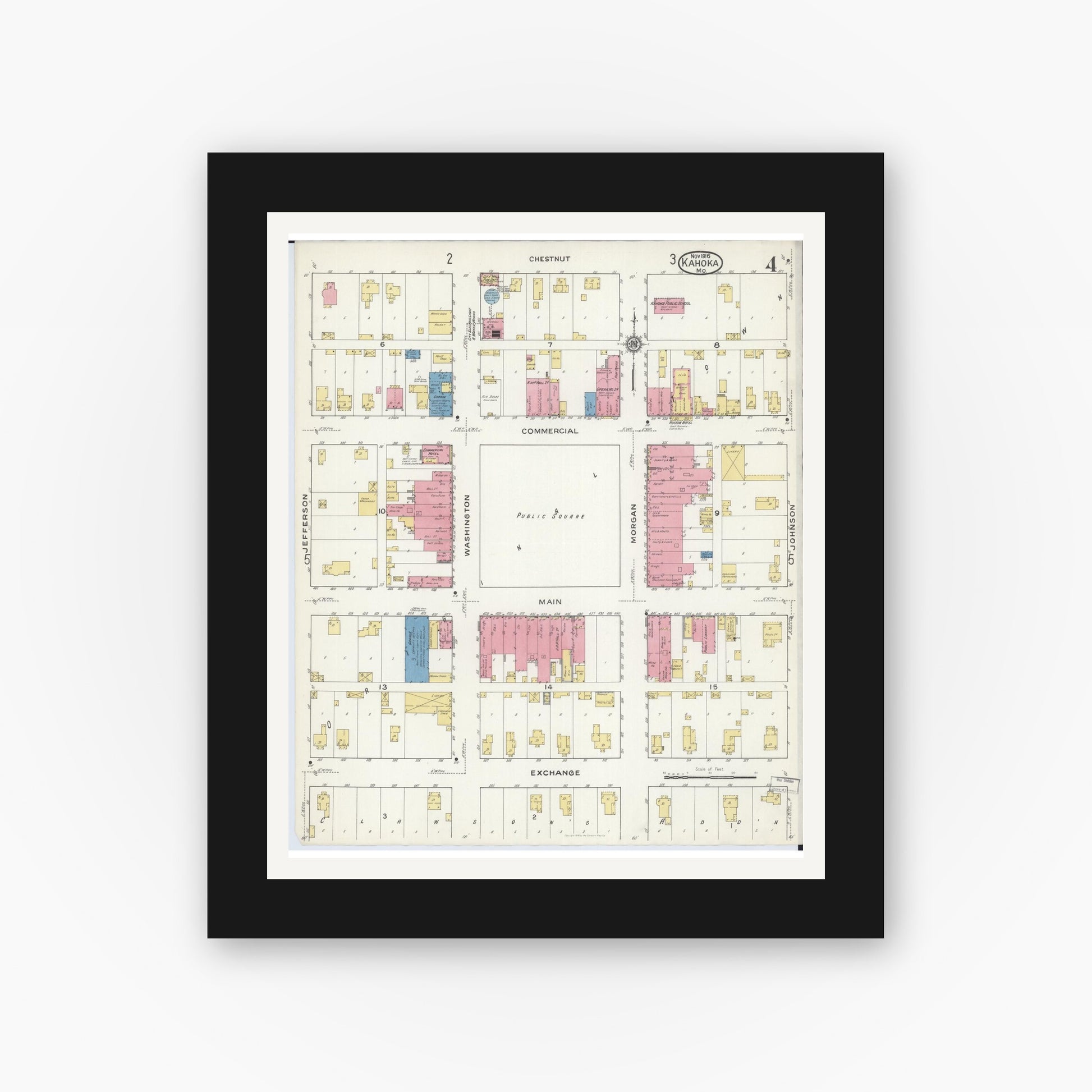 Old map wall art mockup — black gallery frame with white mat — Sanborn Fire Insurance Map from Kahoka, Clark County, Missouri (1916), Sheet #0004