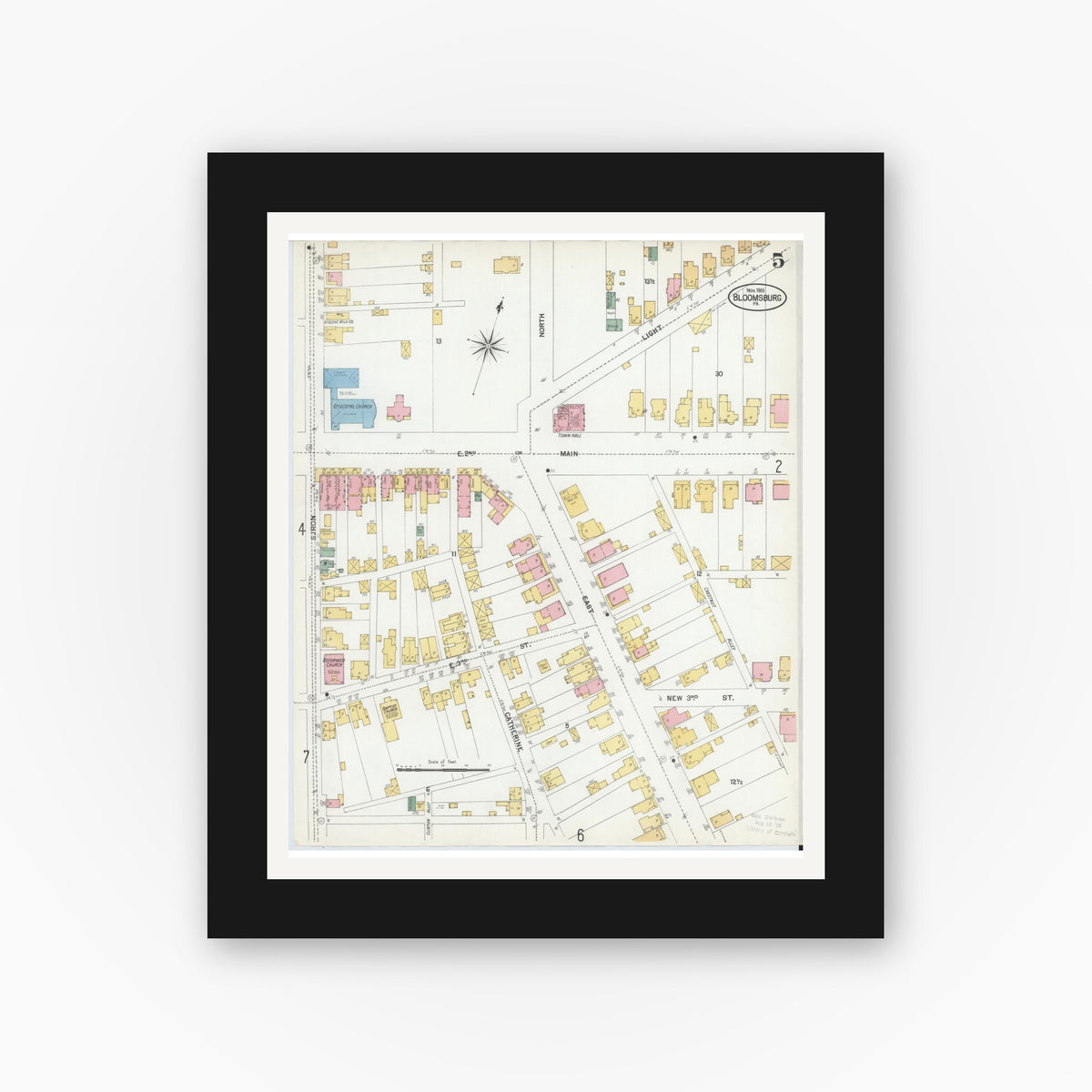 Old map wall art mockup — black gallery frame with white mat — Sanborn Fire Insurance Map from Bloomsburg, Columbia County, Pennsylvania (1901), Sheet #0005