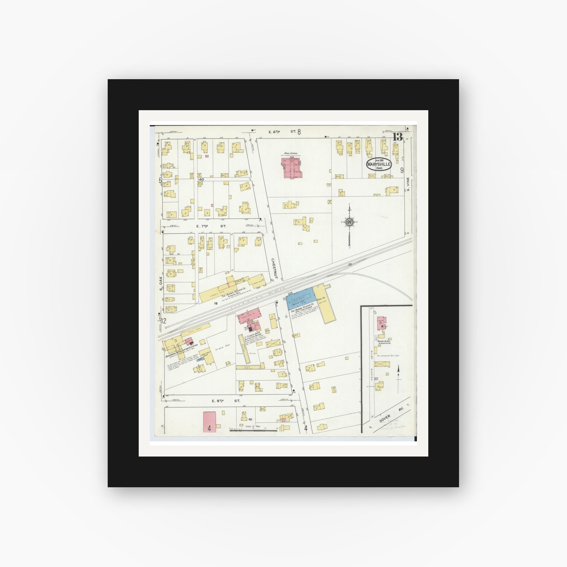 Old map wall art mockup — black gallery frame with white mat — Sanborn Fire Insurance Map from Marysville, Union County, Ohio (1916), Sheet #0013