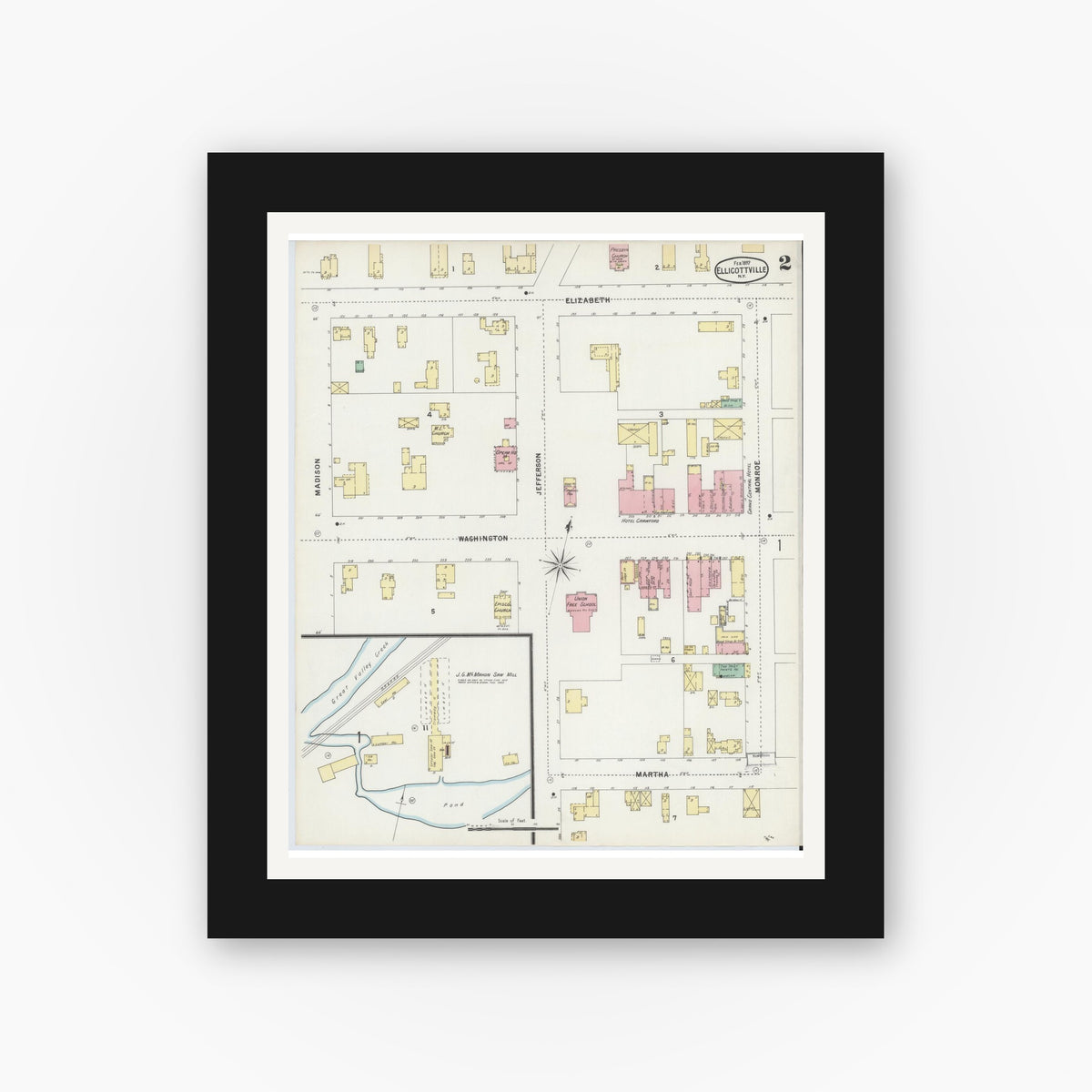 Old map wall art mockup — black gallery frame with white mat — Sanborn Fire Insurance Map from Ellicottville, Cattaraugus County, New York (1897), Sheet #0002