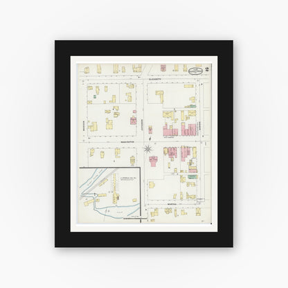 Old map wall art mockup — black gallery frame with white mat — Sanborn Fire Insurance Map from Ellicottville, Cattaraugus County, New York (1897), Sheet #0002