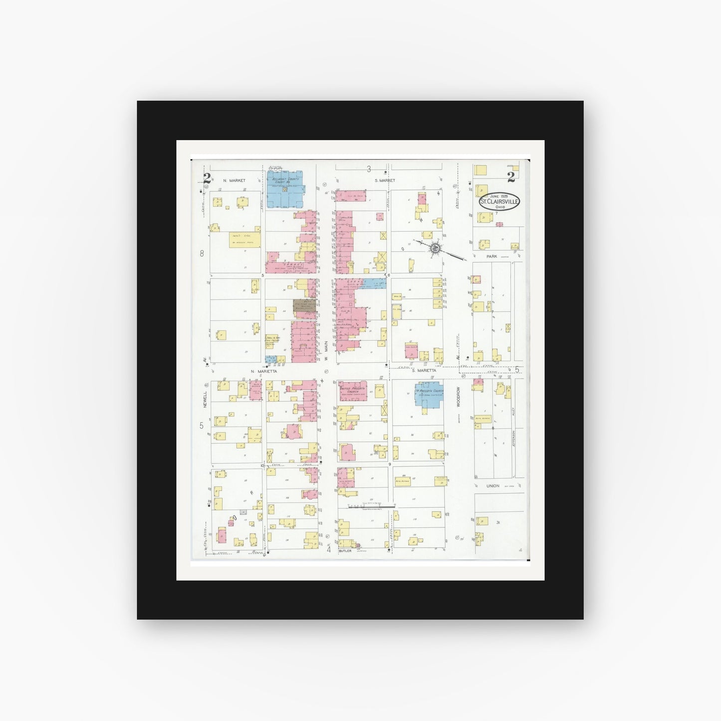 Old map wall art mockup — black gallery frame with white mat — Sanborn Fire Insurance Map from Saint Clairsville, Belmont County, Ohio (1929), Sheet #0002