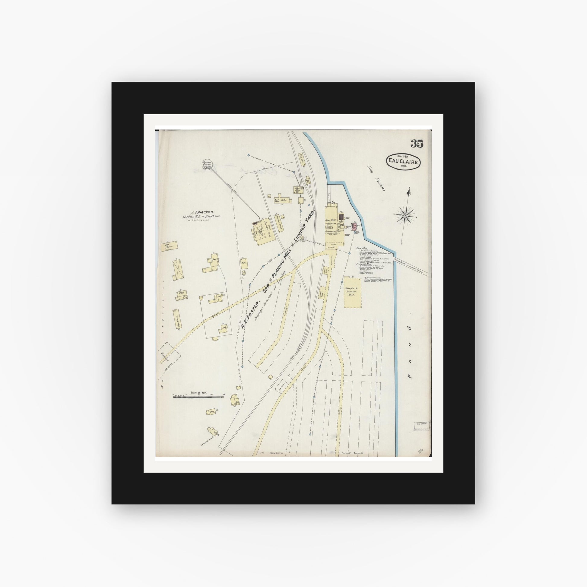 Old map wall art mockup — black gallery frame with white mat — Sanborn Fire Insurance Map from Eau Claire, Eau Claire County, Wisconsin (1889), Sheet #0035