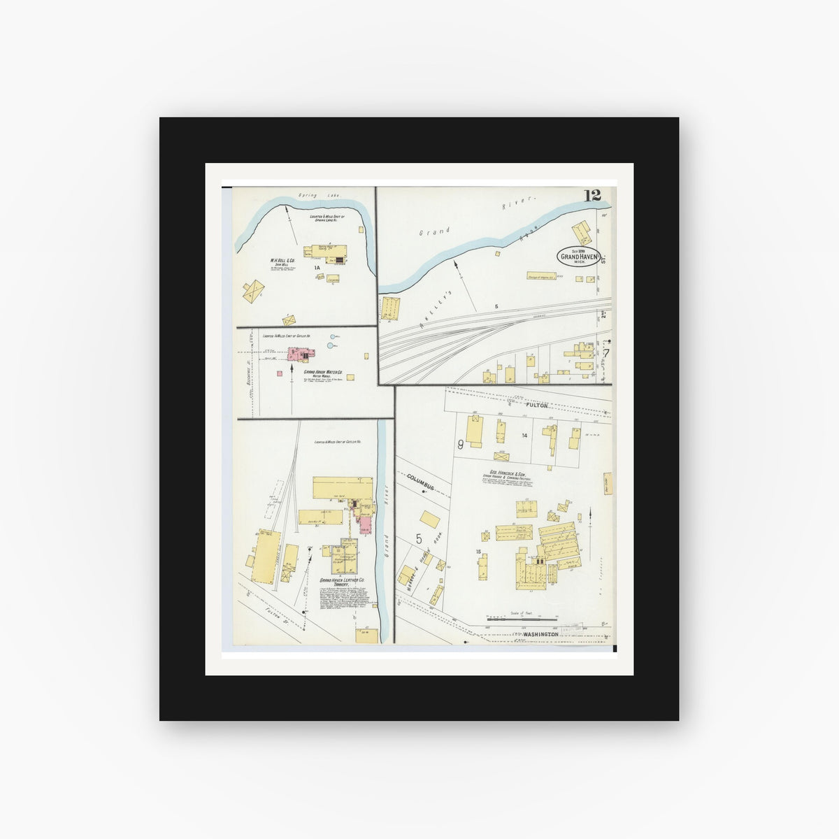 Old map wall art mockup — black gallery frame with white mat — Sanborn Fire Insurance Map from Grand Haven, Ottawa County, Michigan (1899), Sheet #0012