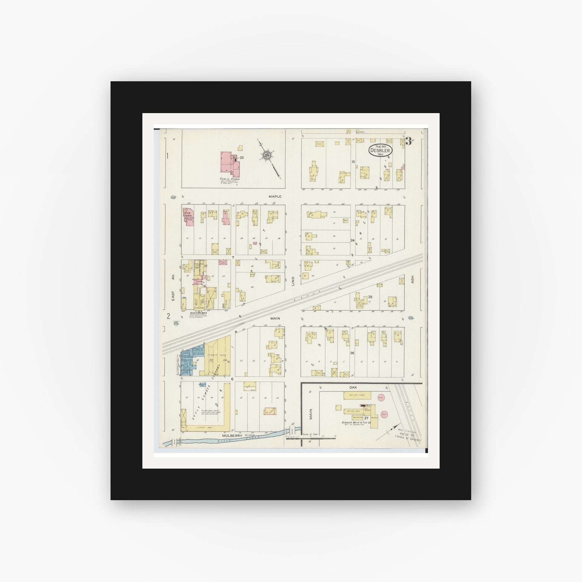 Old map wall art mockup — black gallery frame with white mat — Sanborn Fire Insurance Map from Deshler, Henry County, Ohio (1915), Sheet #0003