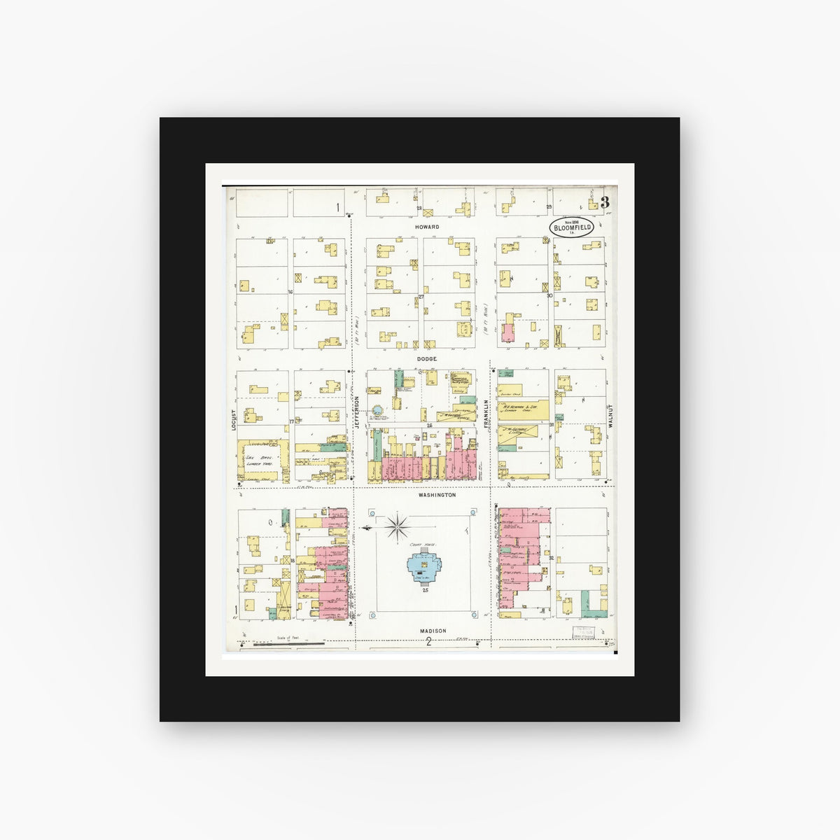 Old map wall art mockup — black gallery frame with white mat — Sanborn Fire Insurance Map from Bloomfield, Davis County, Iowa (1898), Sheet #0003