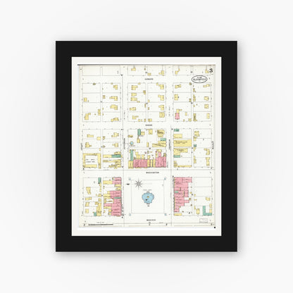 Old map wall art mockup — black gallery frame with white mat — Sanborn Fire Insurance Map from Bloomfield, Davis County, Iowa (1898), Sheet #0003