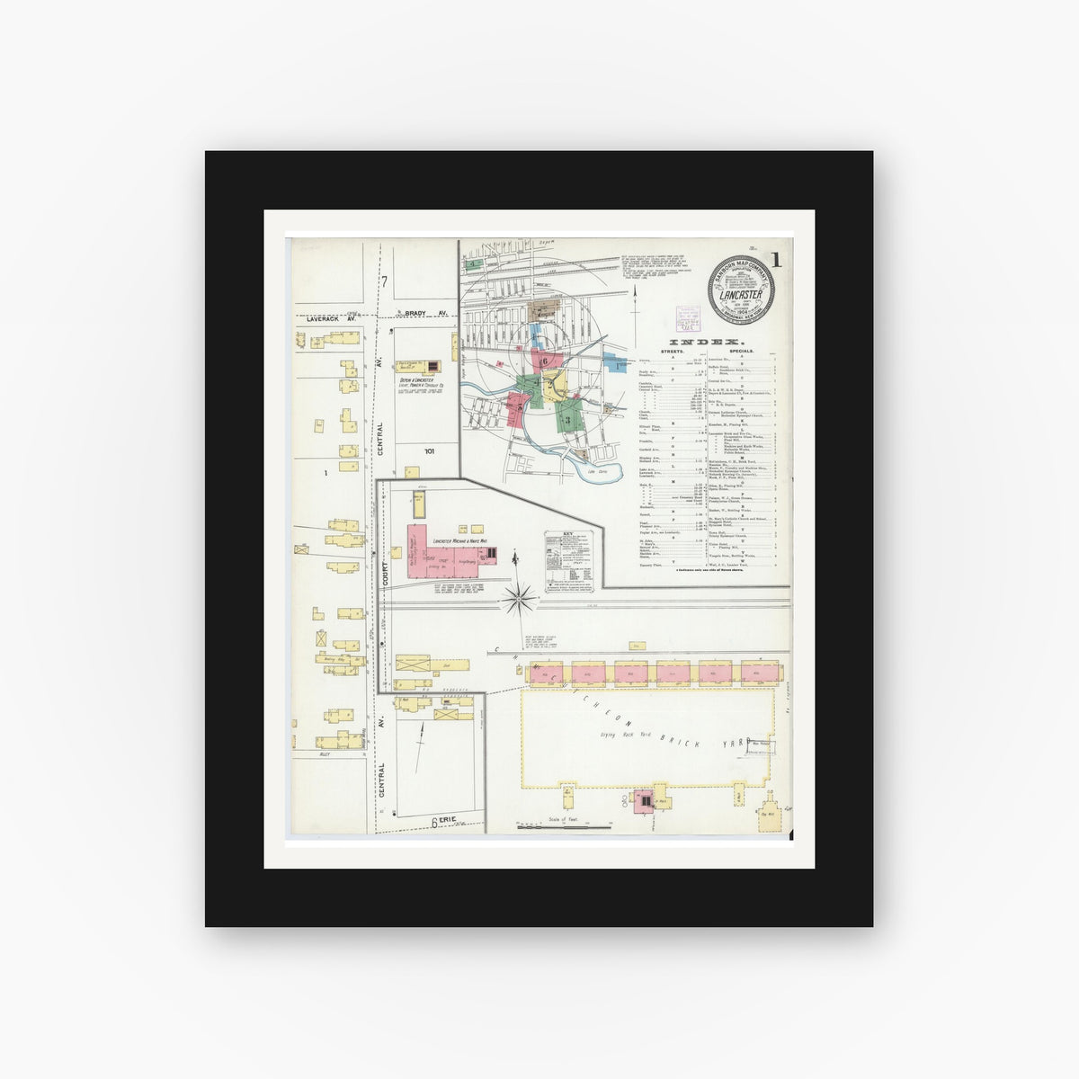 Old map wall art mockup — black gallery frame with white mat — Sanborn Fire Insurance Map from Lancaster, Erie County, New York (1904) - Complete Map Set