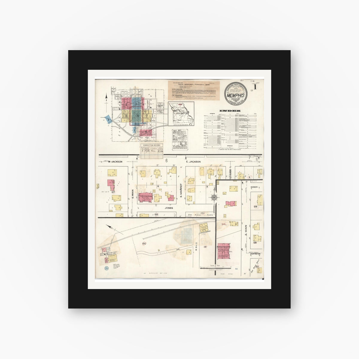 Old map wall art mockup — black gallery frame with white mat — Sanborn Fire Insurance Map from Memphis, Scotland County, Missouri (1936), Sheet #0001