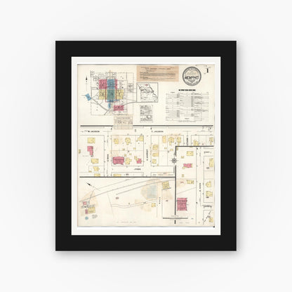 Old map wall art mockup — black gallery frame with white mat — Sanborn Fire Insurance Map from Memphis, Scotland County, Missouri (1936), Sheet #0001