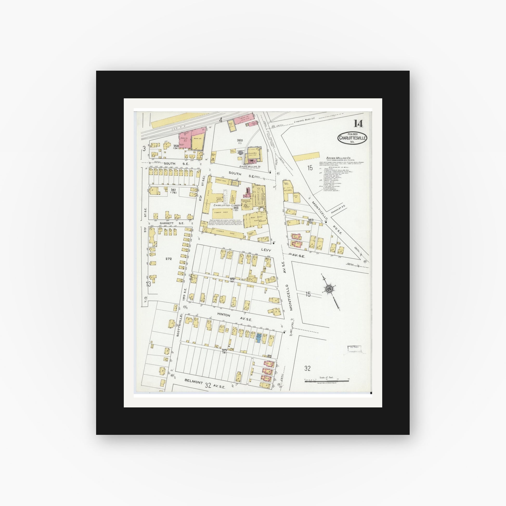 Old map wall art mockup — black gallery frame with white mat — Sanborn Fire Insurance Map from Charlottesville, Independent Cities, Virginia (1920), Sheet #0014
