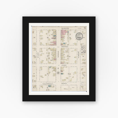 Old map wall art mockup — black gallery frame with white mat — Sanborn Fire Insurance Map from Tomah, Monroe County, Wisconsin (1885), Sheet #0001