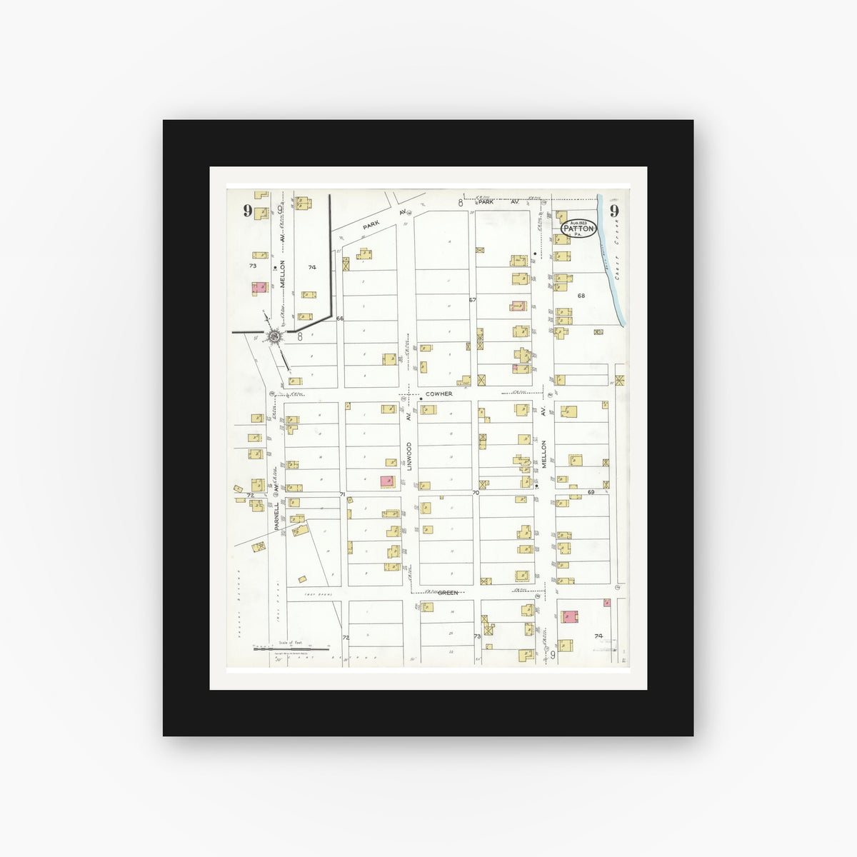 Old map wall art mockup — black gallery frame with white mat — Sanborn Fire Insurance Map from Patton, Cambria County, Pennsylvania (1923), Sheet #0009