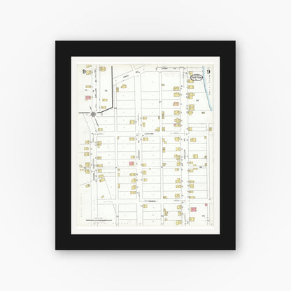 Old map wall art mockup — black gallery frame with white mat — Sanborn Fire Insurance Map from Patton, Cambria County, Pennsylvania (1923), Sheet #0009