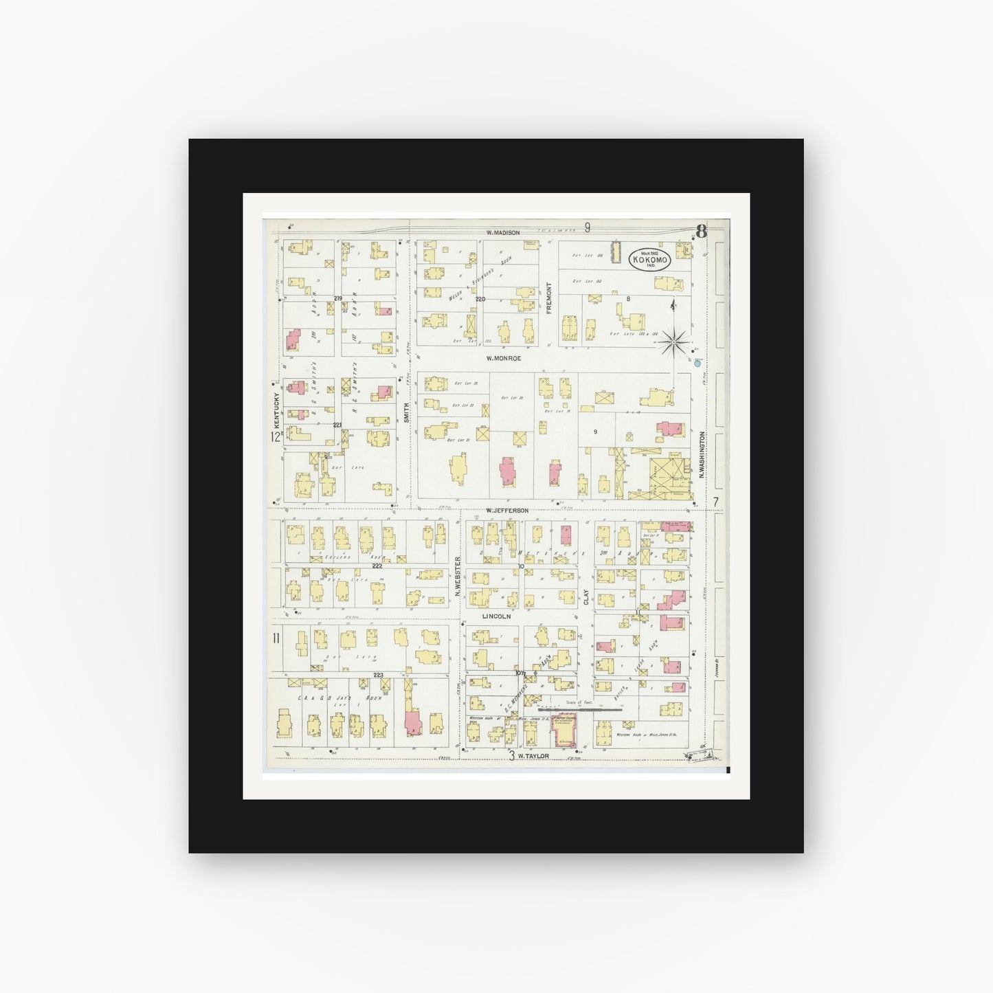 Old map wall art mockup — black gallery frame with white mat — Sanborn Fire Insurance Map from Kokomo, Howard County, Indiana (1902), Sheet #0008