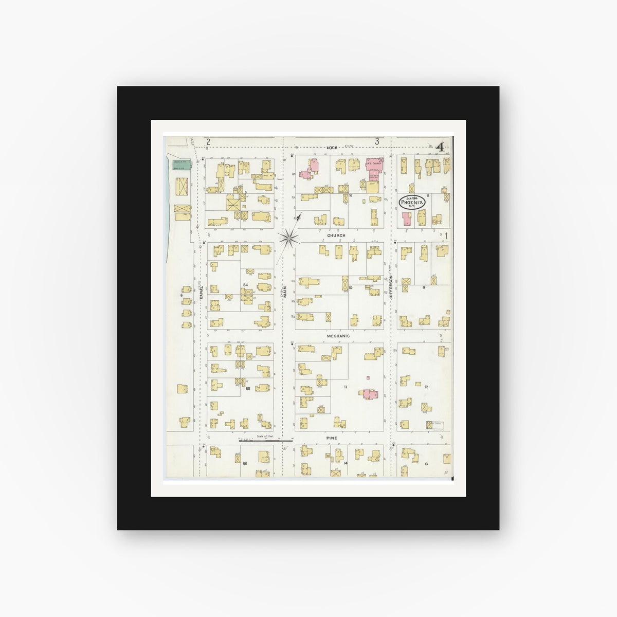 Old map wall art mockup — black gallery frame with white mat — Sanborn Fire Insurance Map from Phoenix, Oswego County, New York (1904), Sheet #0004
