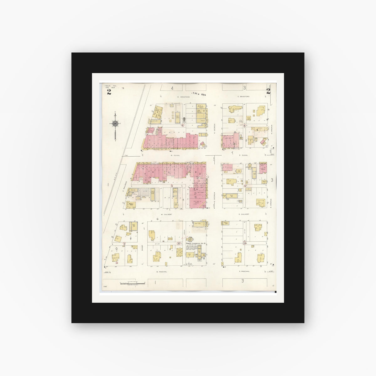 Old map wall art mockup — black gallery frame with white mat — Sanborn Fire Insurance Map from Troup, Smith County, Texas (1943), Sheet #0002