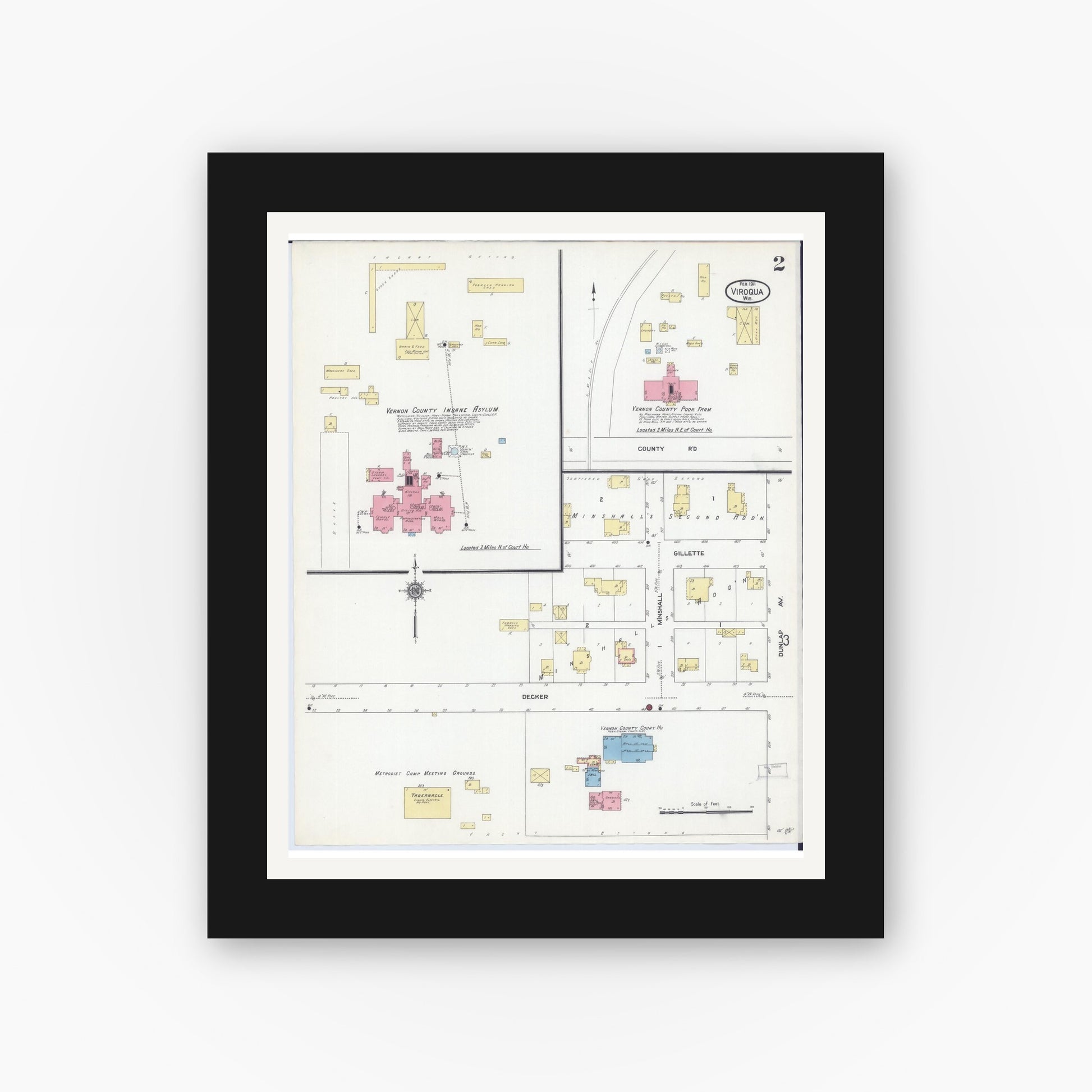 Old map wall art mockup — black gallery frame with white mat — Sanborn Fire Insurance Map from Viroqua, Vernon County, Wisconsin (1911), Sheet #0002