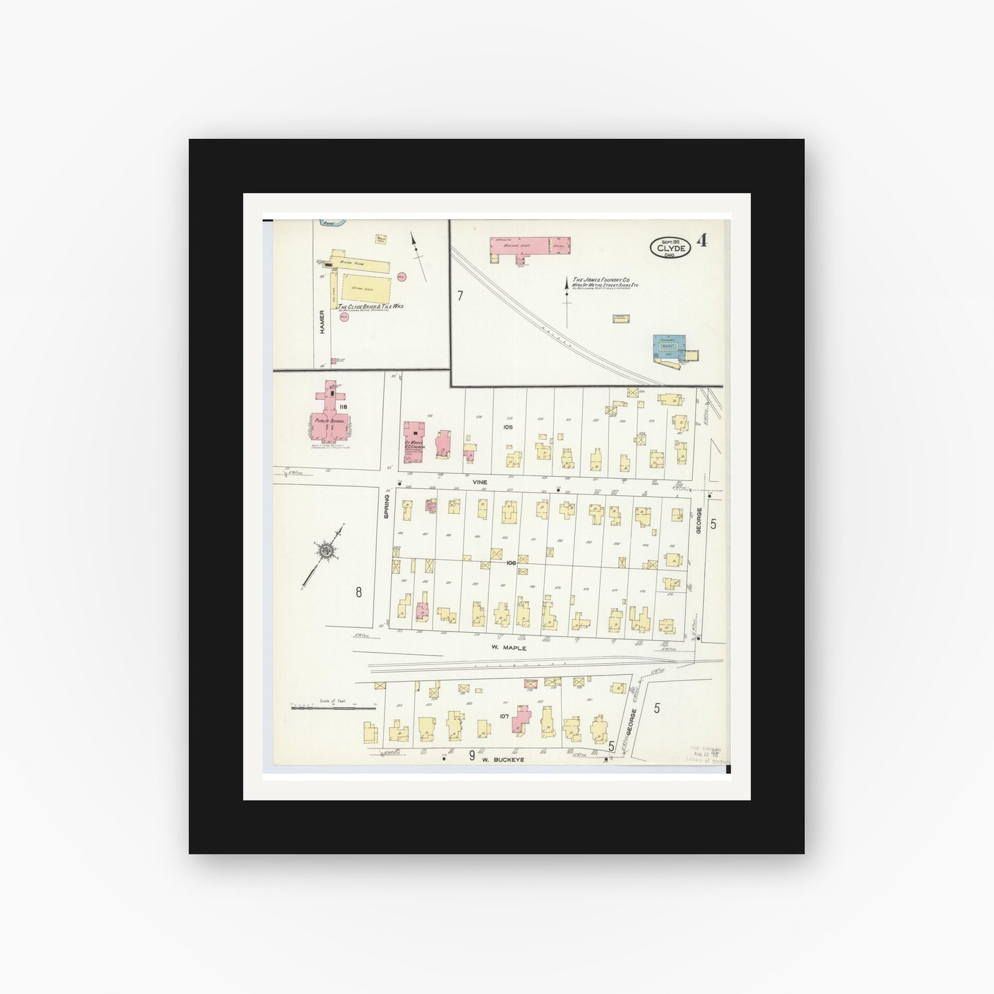 Old map wall art mockup — black gallery frame with white mat — Sanborn Fire Insurance Map from Clyde, Sandusky County, Ohio (1911), Sheet #0004