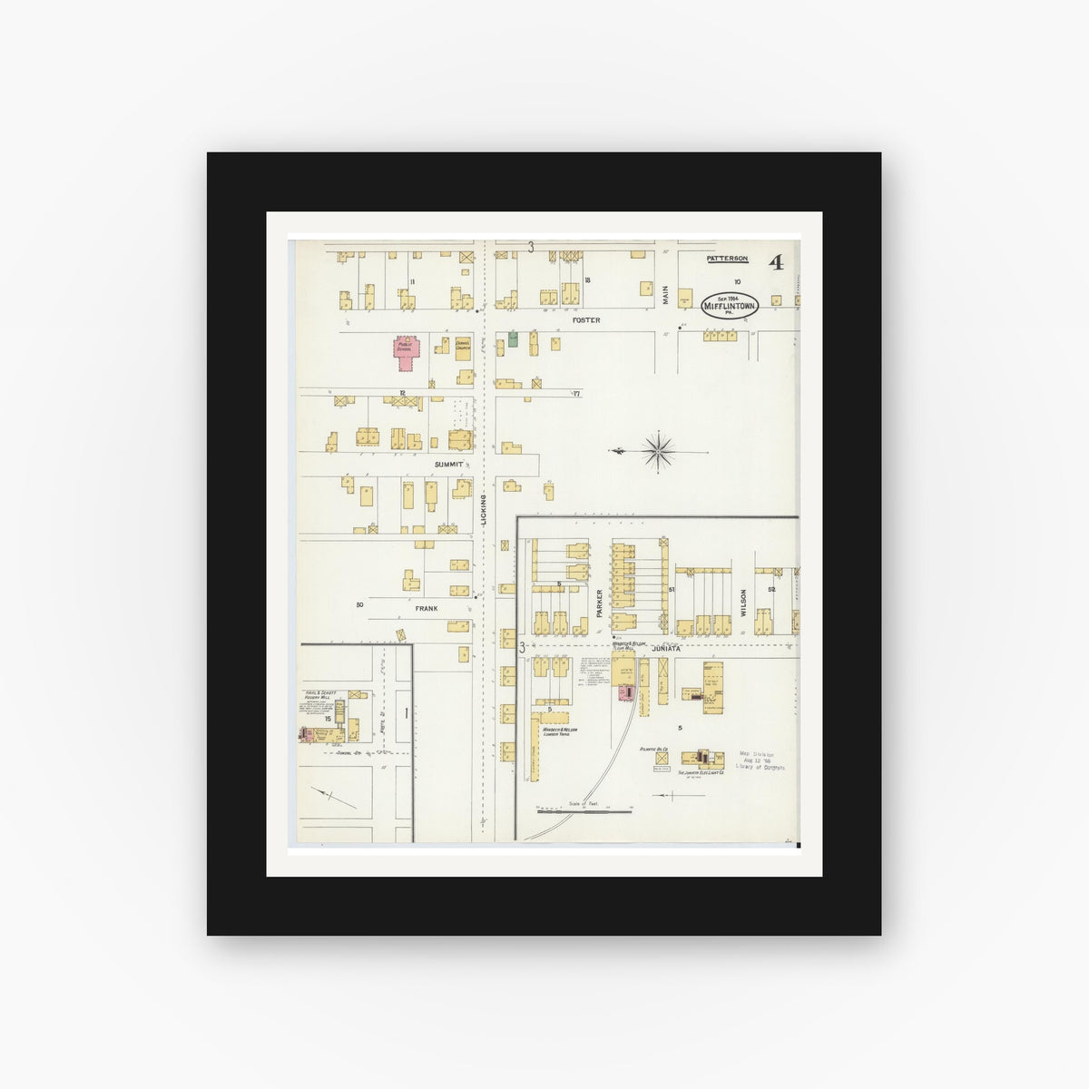 Old map wall art mockup — black gallery frame with white mat — Sanborn Fire Insurance Map from Mifflintown, Juniata County, Pennsylvania (1904), Sheet #0004