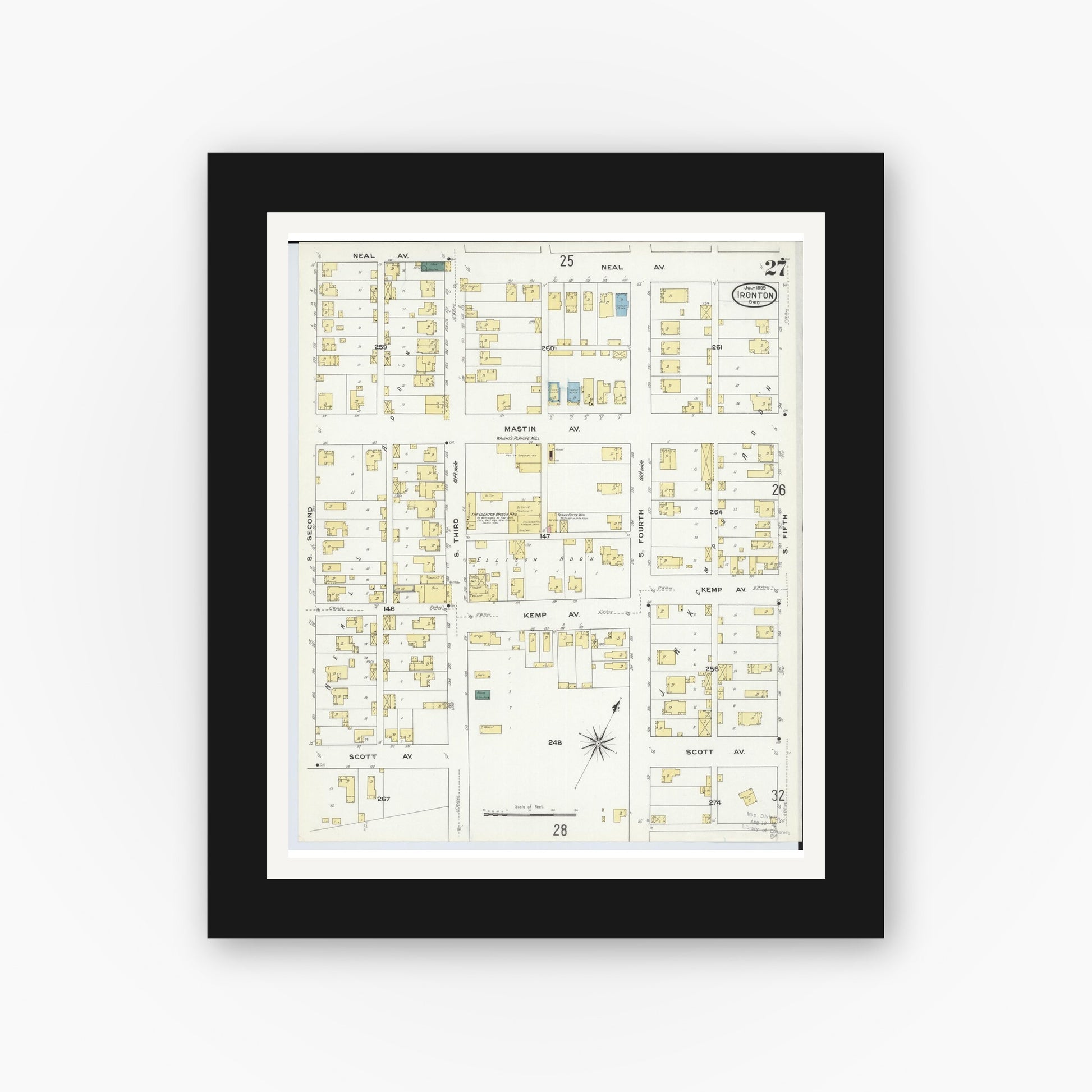 Old map wall art mockup — black gallery frame with white mat — Sanborn Fire Insurance Map from Ironton, Lawrence County, Ohio (1909), Sheet #0027