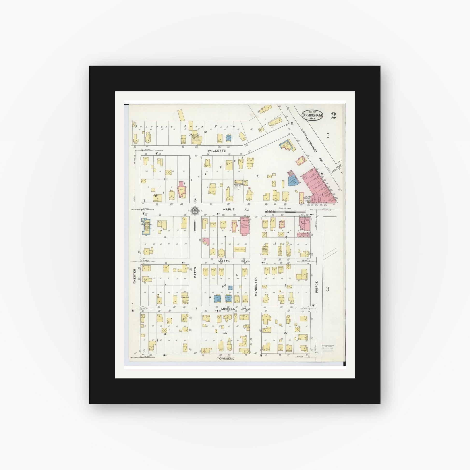 Old map wall art mockup — black gallery frame with white mat — Sanborn Fire Insurance Map from Birmingham, Oakland County, Michigan (1915), Sheet #0002