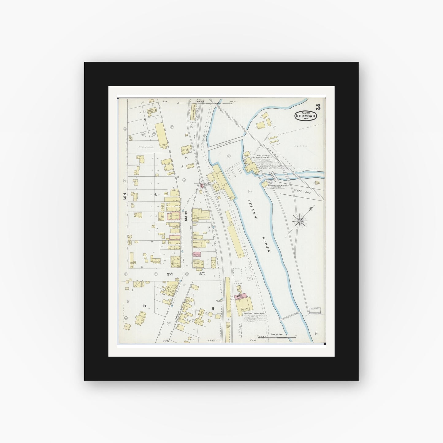 Old map wall art mockup — black gallery frame with white mat — Sanborn Fire Insurance Map from Necedah, Juneau County, Wisconsin (1891), Sheet #0003