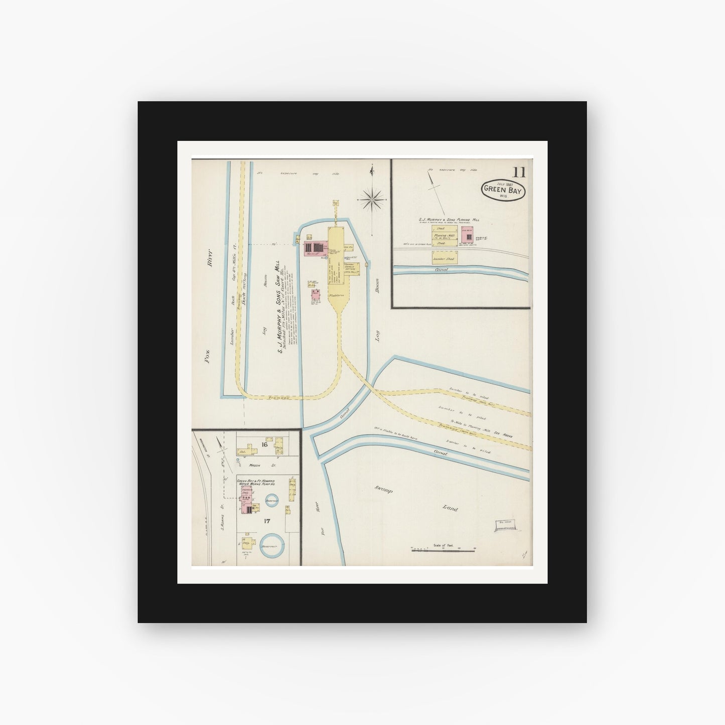 Old map wall art mockup — black gallery frame with white mat — Sanborn Fire Insurance Map from Green Bay, Brown County, Wisconsin (1887), Sheet #0011
