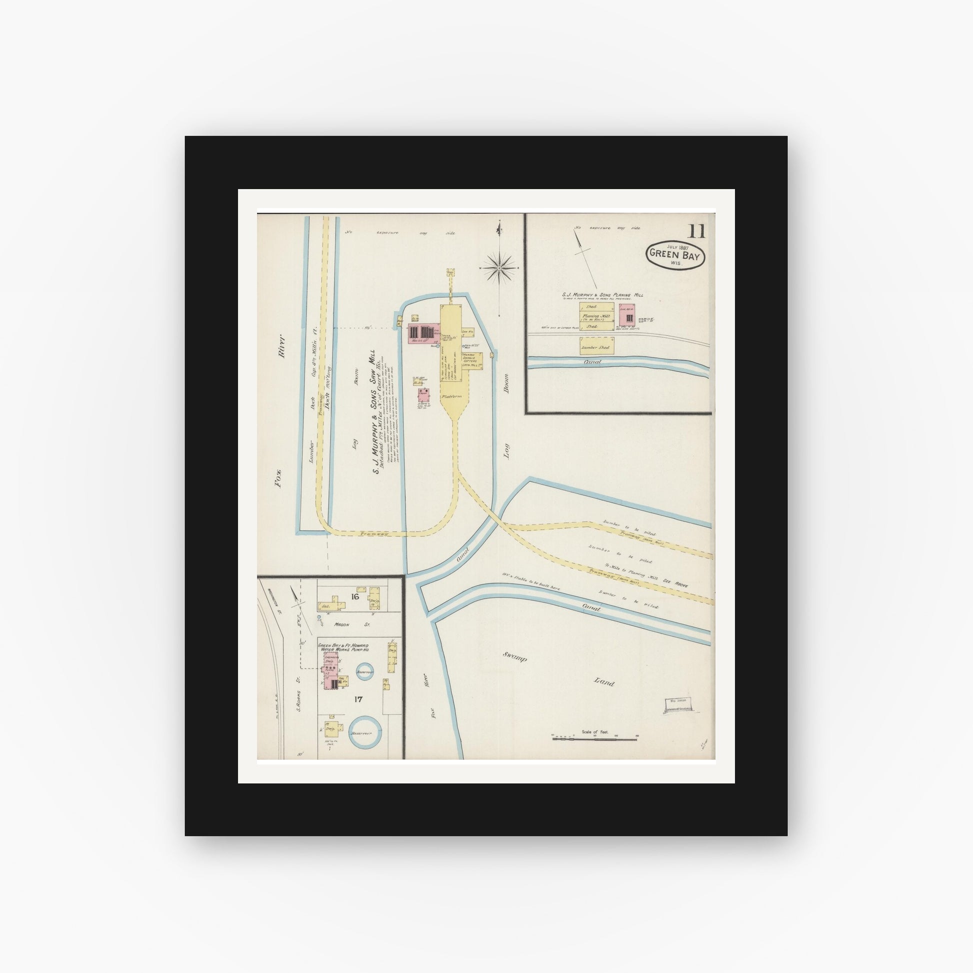Old map wall art mockup — black gallery frame with white mat — Sanborn Fire Insurance Map from Green Bay, Brown County, Wisconsin (1887), Sheet #0011