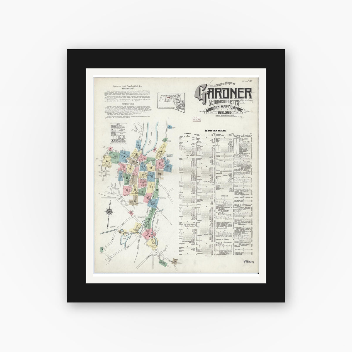 Old map wall art mockup — black gallery frame with white mat — Sanborn Fire Insurance Map from Gardner, Worcester County, Massachusetts (1914) - Complete Map Set