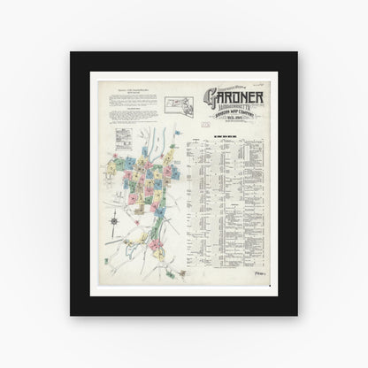 Old map wall art mockup — black gallery frame with white mat — Sanborn Fire Insurance Map from Gardner, Worcester County, Massachusetts (1914) - Complete Map Set