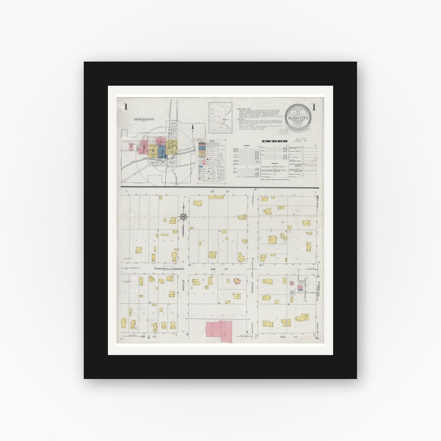 Old map wall art mockup — black gallery frame with white mat — Sanborn Fire Insurance Map from Rush City, Chisago County, Minnesota (1931), Sheet #0001