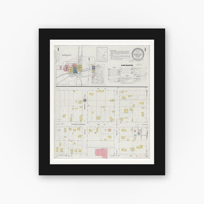 Old map wall art mockup — black gallery frame with white mat — Sanborn Fire Insurance Map from Rush City, Chisago County, Minnesota (1931), Sheet #0001