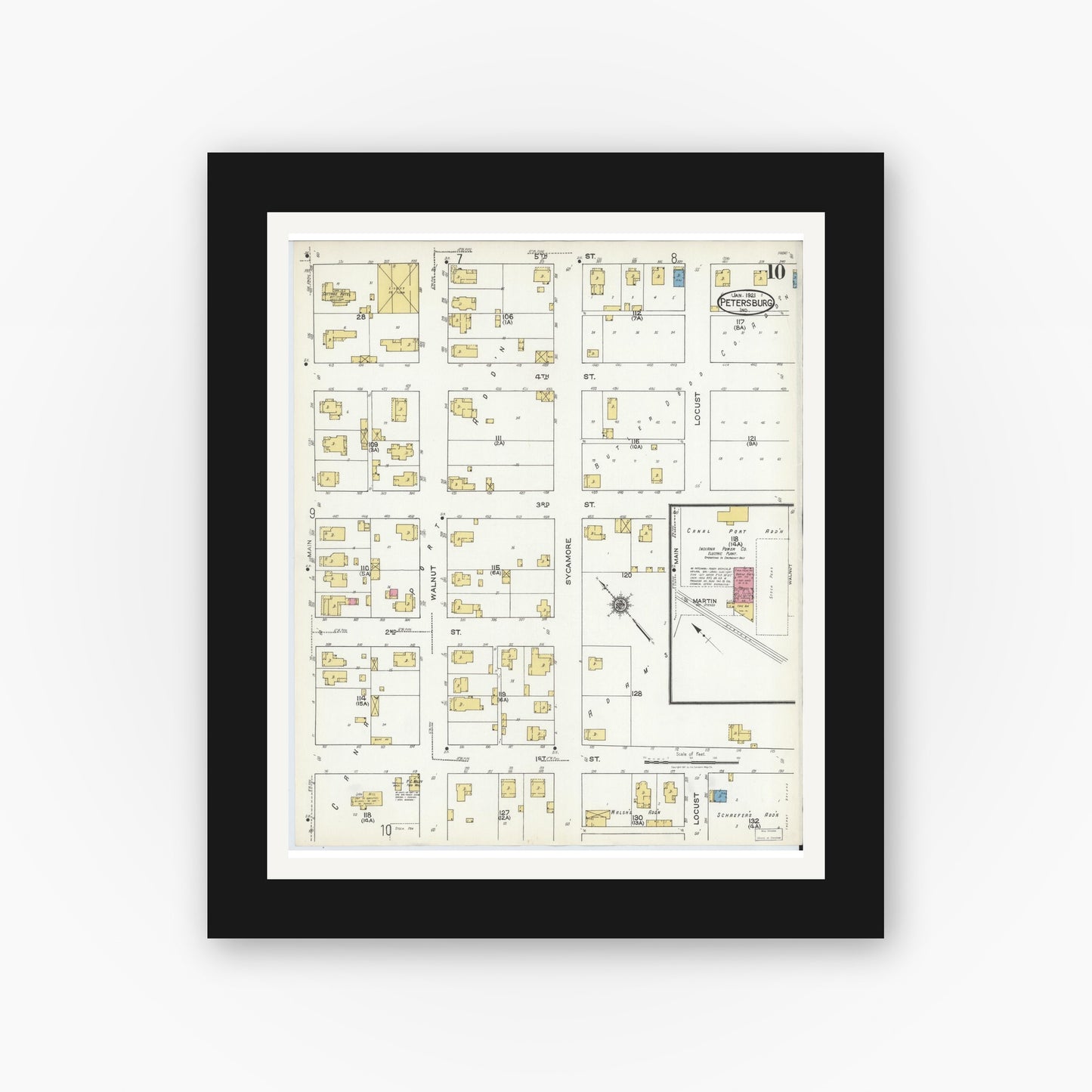 Old map wall art mockup — black gallery frame with white mat — Sanborn Fire Insurance Map from Petersburg, Pike County, Indiana (1921), Sheet #0010
