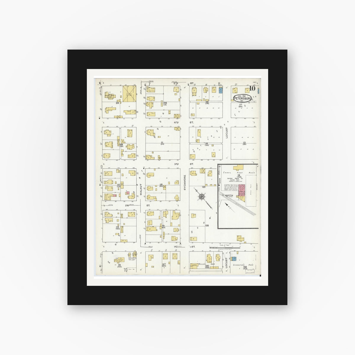 Old map wall art mockup — black gallery frame with white mat — Sanborn Fire Insurance Map from Petersburg, Pike County, Indiana (1921), Sheet #0010