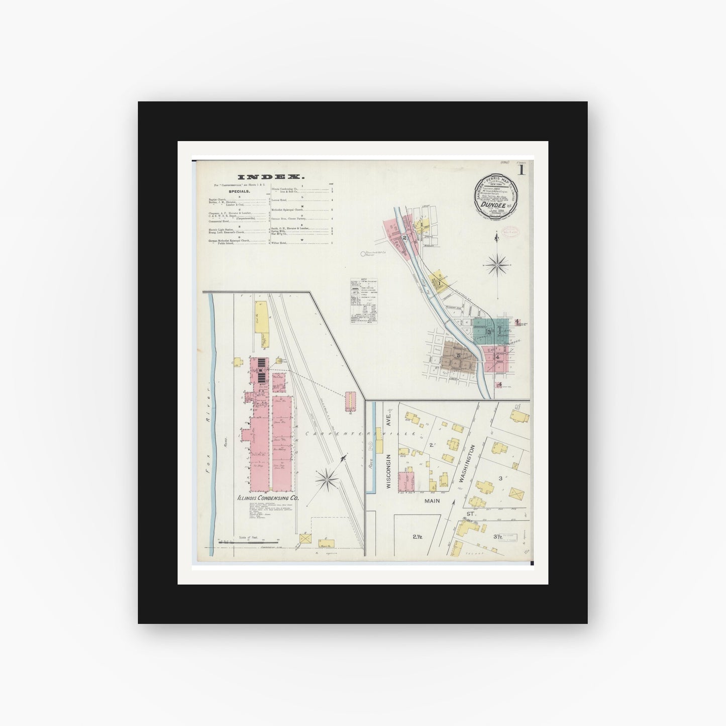 Old map wall art mockup — black gallery frame with white mat — Sanborn Fire Insurance Map from Dundee, Kane County, Illinois (1893), Sheet #0001